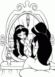 Princess Jasmine combs her hair in front of the mirror