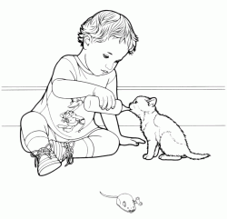 A child gives milk to the kitten with a feeding bottle