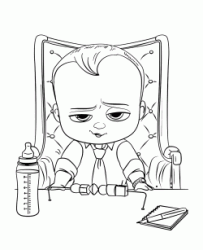 Baby Boss sitting on his chair with a baby bottle ready