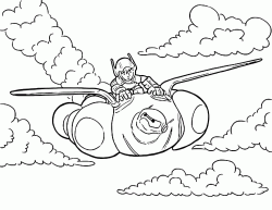 Hiro flies with Baymax in the clouds