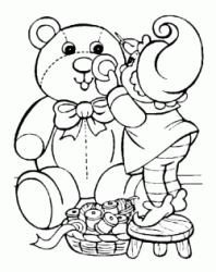 A gnome sews a teddy bear for Christmas