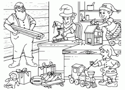 Santa Claus prepares gifts with gnomes