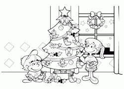 Two children decorate the Christmas tree