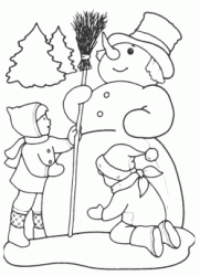 Two children make a snowman