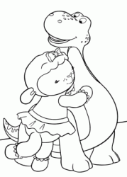 Lambie the lamb hugs her friend Bronty the dinosaur