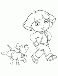A dog follows Dora happy