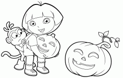 Boots hides behind Dora scared by a Halloween pumpkin