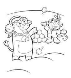 Boots the monkey and Benny the bull play with the snowballs