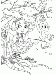Dora and Boots look Tyco the squirrel into the trunk of a tree