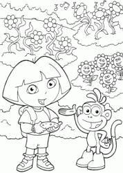 Dora and Boots watch the flowers dance at the rhythm of music