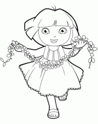 Dora is happy with a wreath of flowers in her hand