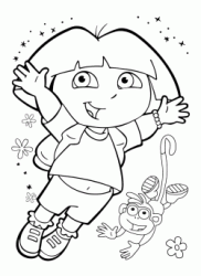 Dora jumps with the Boots monkey