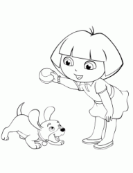 Dora plays with a dog puppy