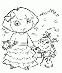 Dora wears a beautiful dress long while Boots holds a cup