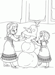 Elsa and Anna little girls play with the snowman Olaf
