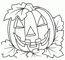 A Halloween pumpkin with attached leaves