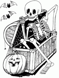 A skeleton comes out of a box
