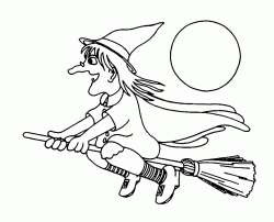 A witch flies happily in the moonlight