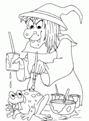 A witch is painting a frog