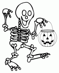 The skeleton walks with the pumpkin in his hand