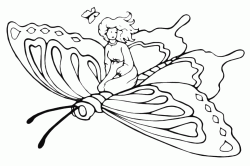 A giant butterfly carries a little girl