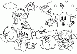 Kirby and his friends Tuff, Tiff, Tokkori and Whispy Woods