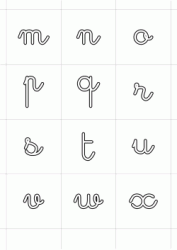 Cursive lowercase letters from m to x