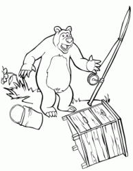 Bear alarmed launches the fishing rod and the fish bucket