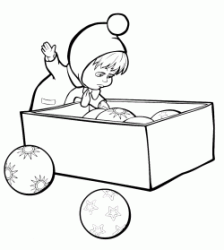 Masha pulls out of the box all the Christmas balls