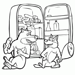The happy wolves eat everything they find in the refrigerator