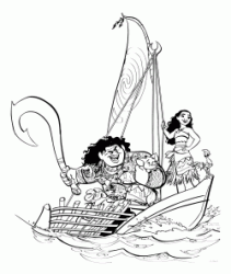 The princess Moana and Maui sailing under full sail along the ocean
