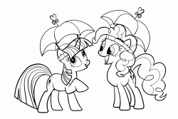 Twilight Sparkle and Pinkie Pie with an open umbrella