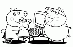 Daddy Pig explains to Mummy Pig and Peppa Pig to use his PC