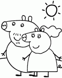 Mummy and Daddy Pig walking on a sunny day