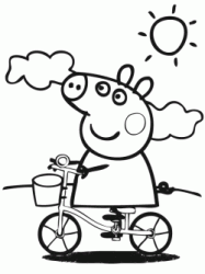 Peppa Pig rides a bicycle on a sunny day