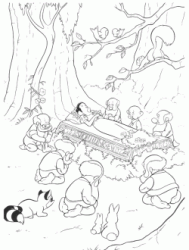 The dwarves cry near the coffin of Snow White