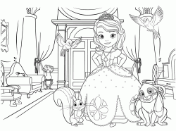 Sofia with her animal friends in a royal palace room