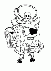 SpongeBob dressed as a pirate with Gary the snail on his arm