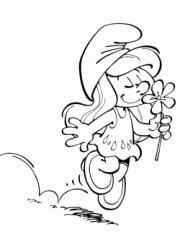 Smurfette happy jumps while sniffing a flower