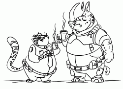 The cheetah Benjamin and the rhinocero McHorn drinking coffee together
