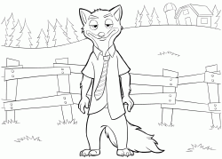 The wily fox Nick Wilde in front of a fence
